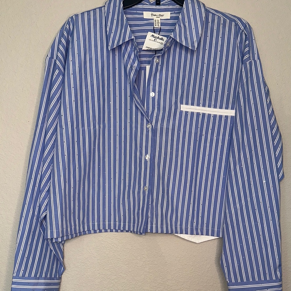Haver‎ & Blair Relaxed Blue Striped Cropped Button-Down Shirt